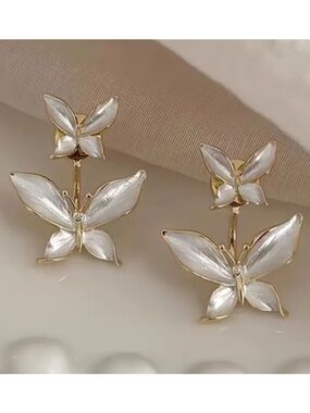 Gold and White Butterfly Drop Earrings